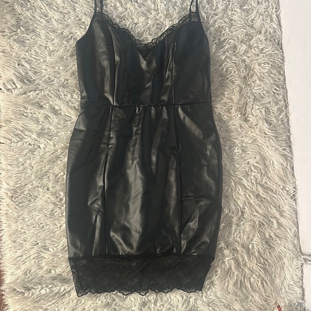 Black Faux Leather Dress with Lace Trim